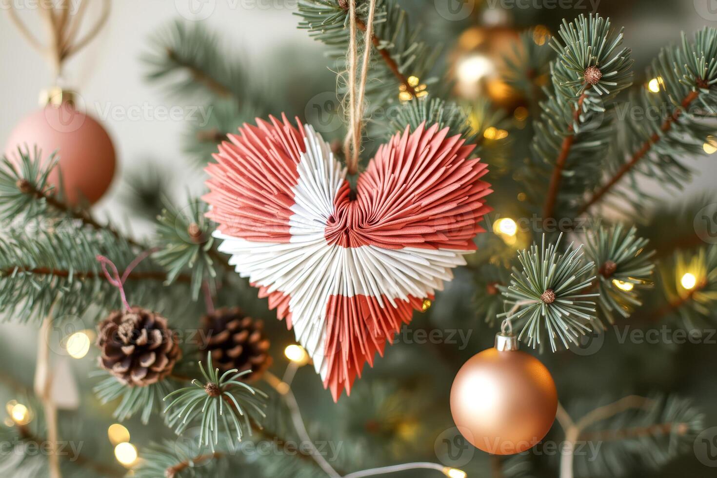 red white paper heart ornament on evergreen tree photo