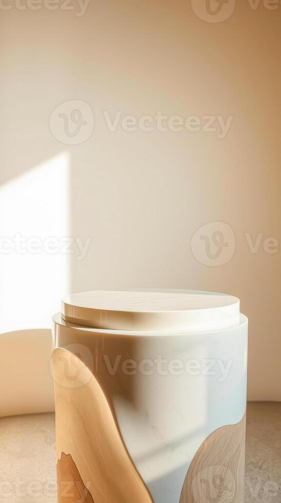 modern round pedestal with a white top curved wooden base photo