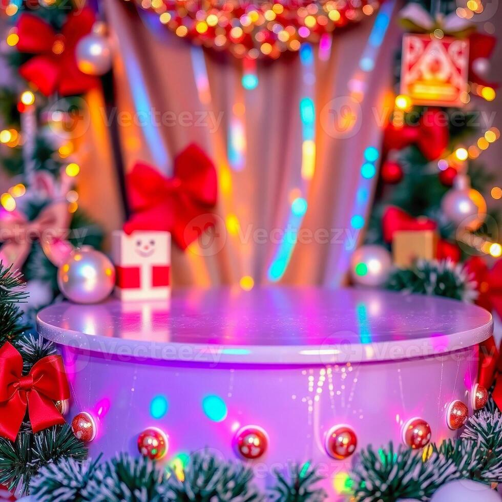 festive lavender platform with colorful lights decorations photo
