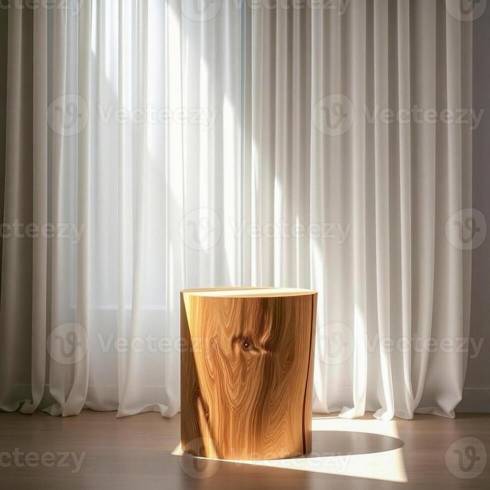 sunlit room with cylindrical wooden pedestal photo