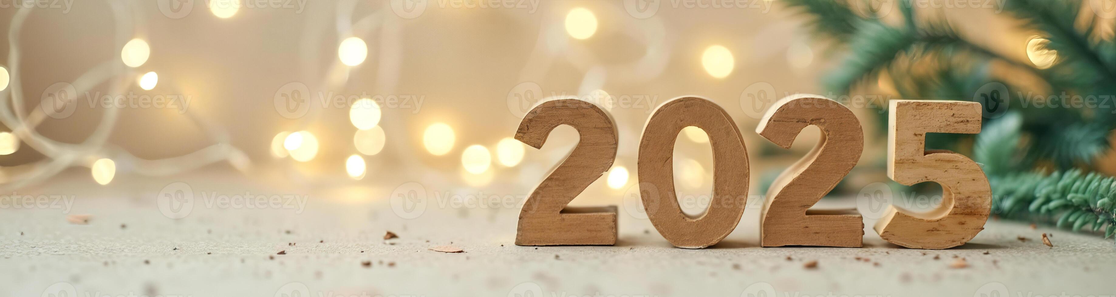 wooden 2025 number blocks with warm lights greenery photo