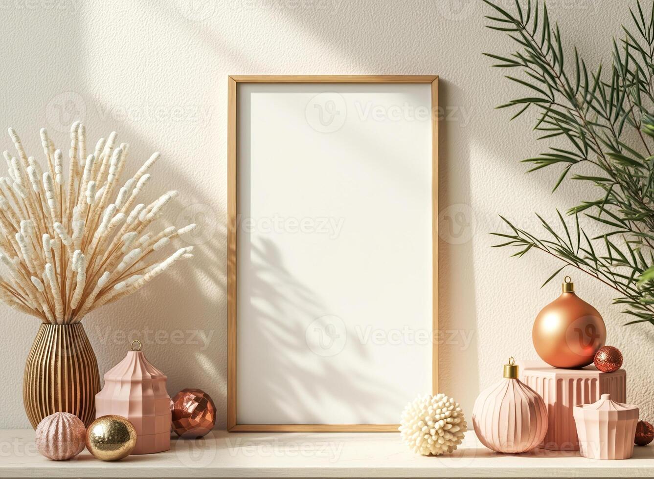 minimalist shelf arrangement with a golden frame pastel decorative objects photo