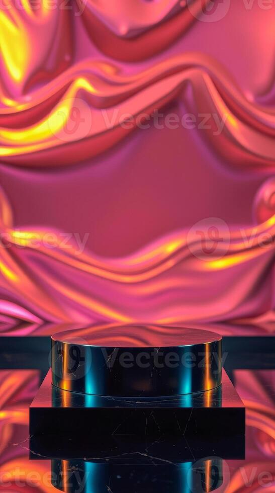 dark pedestal on square base against flowing fabric photo