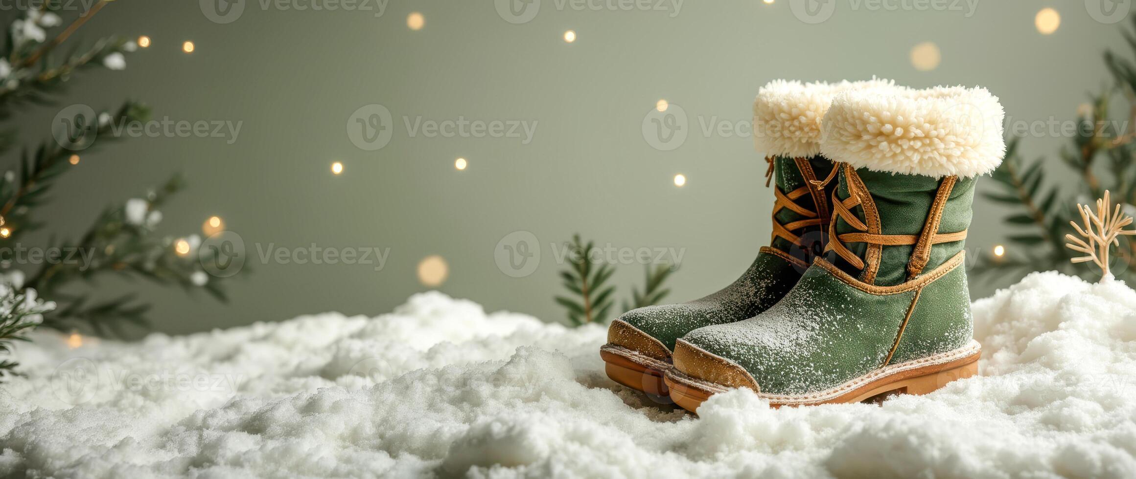 green winter boots snowy scene photo