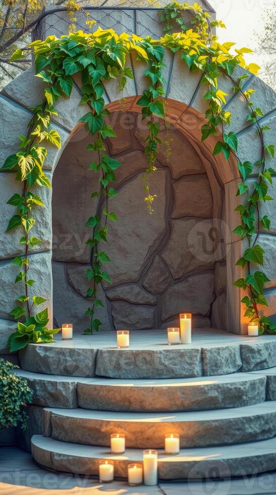 illuminated stone arch with ivy candles photo