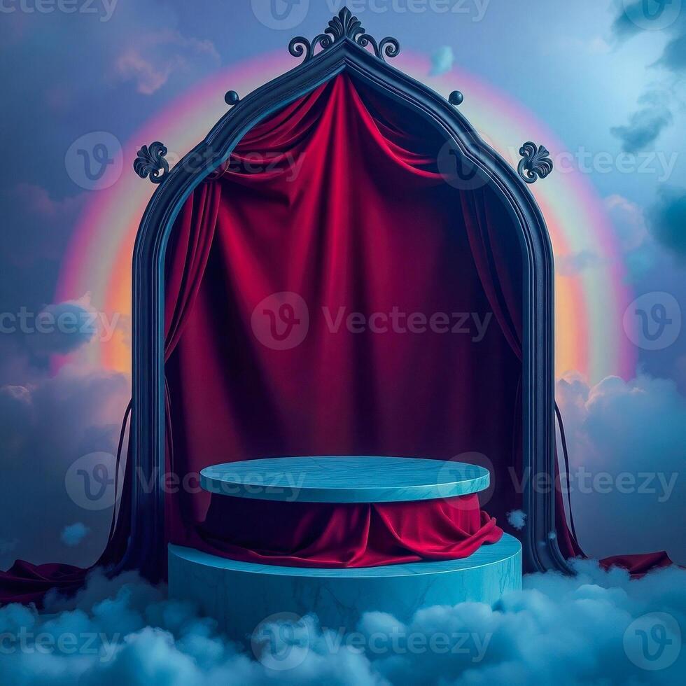 ornate dark frame with teal circular platform crimson velvet photo