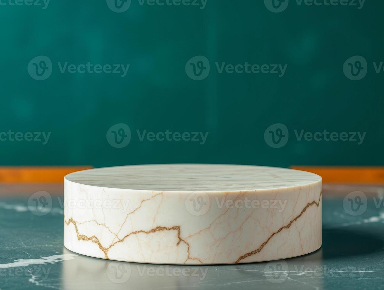 circular marble display on teal surface photo