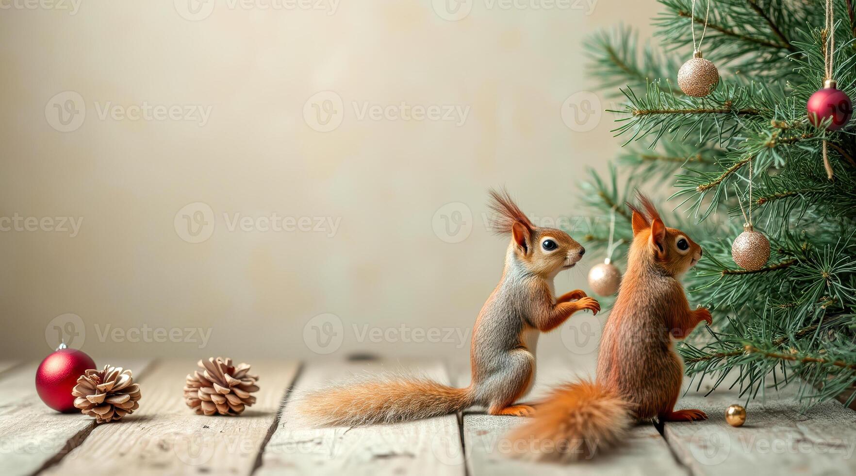two squirrels decorating a coniferous tree photo