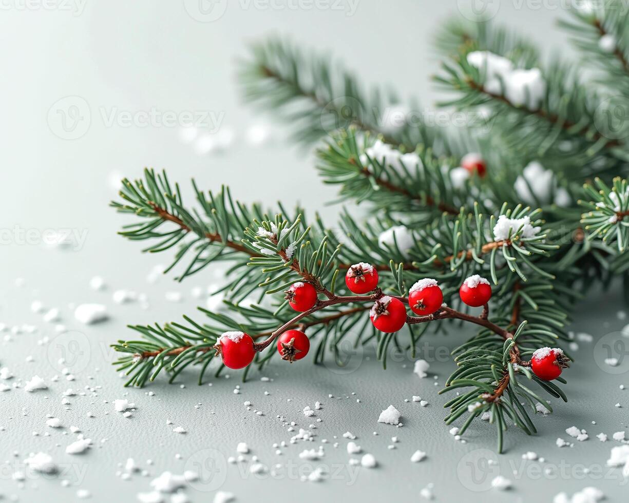 snowy evergreen branch with red berries photo