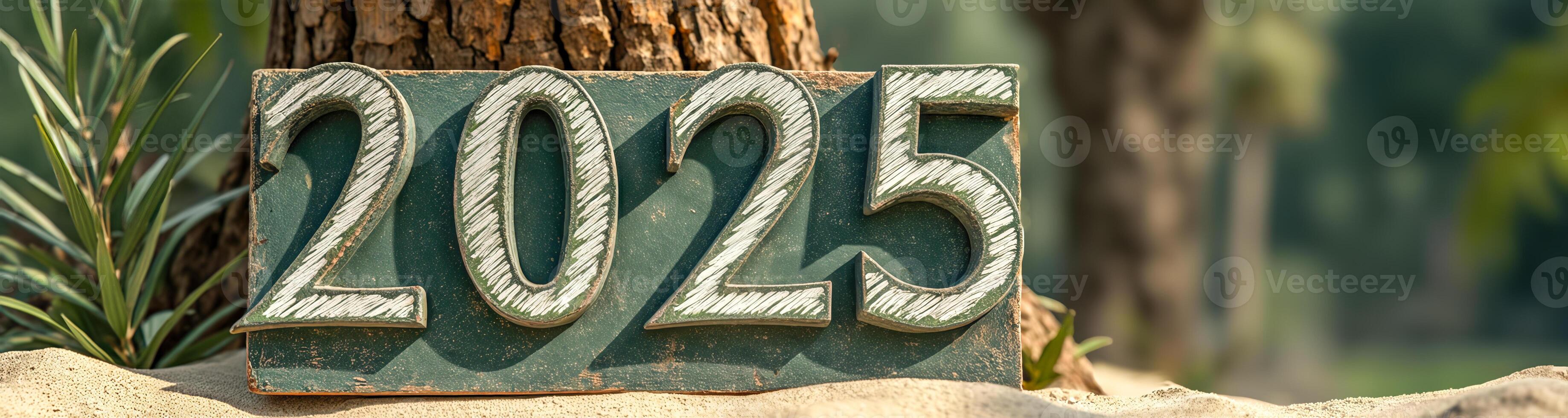 weathered green wooden block with the numbers 2025 photo