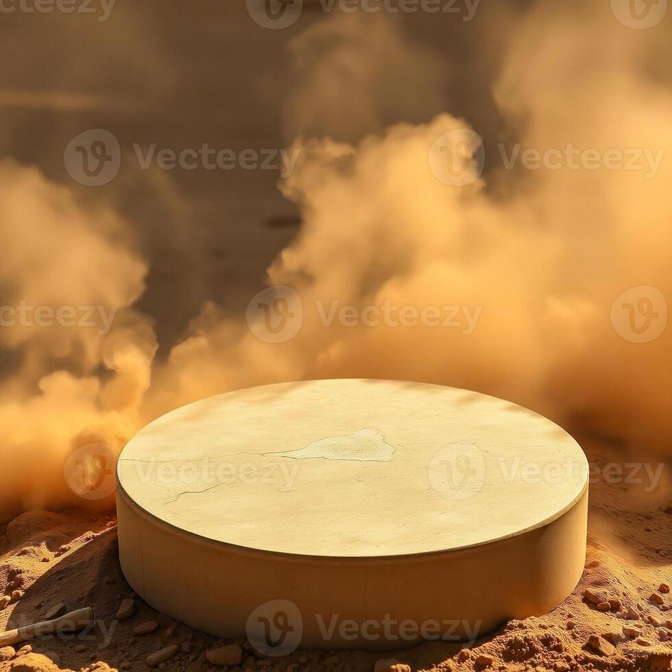 pale yellow cylindrical platform a desert setting photo