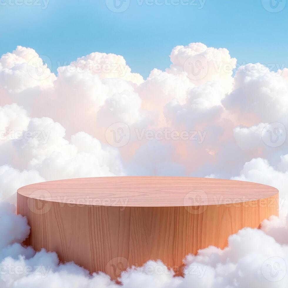 circular wooden platform rests on a bed fluffy white clouds against a soft blue sky. photo