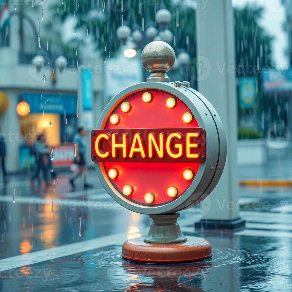 vintage-style illuminated sign announces change a rainy plaza photo