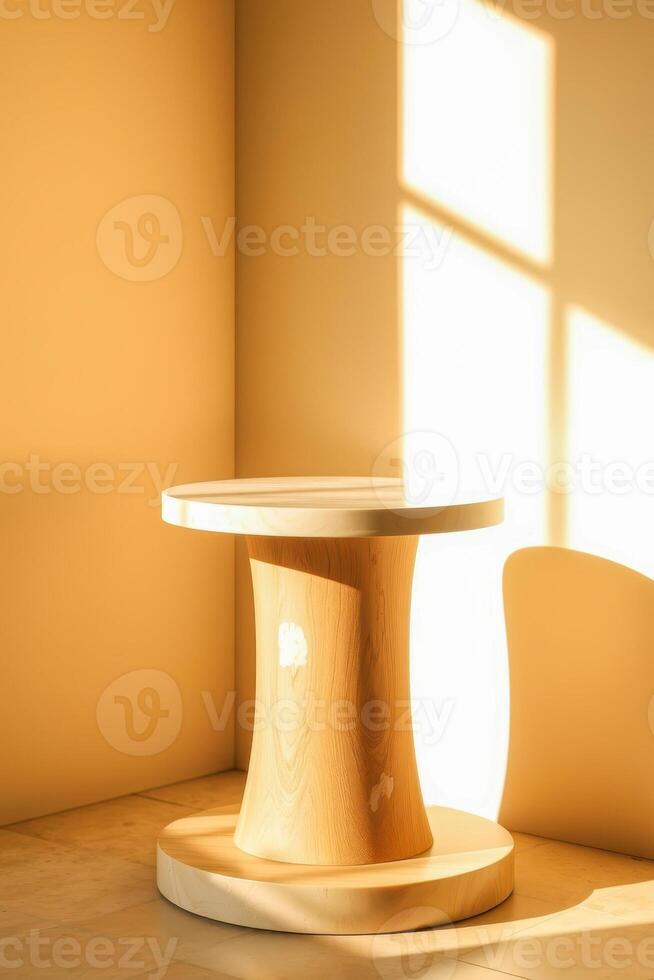 light-colored wooden pedestal with a round top base sits a corner. photo