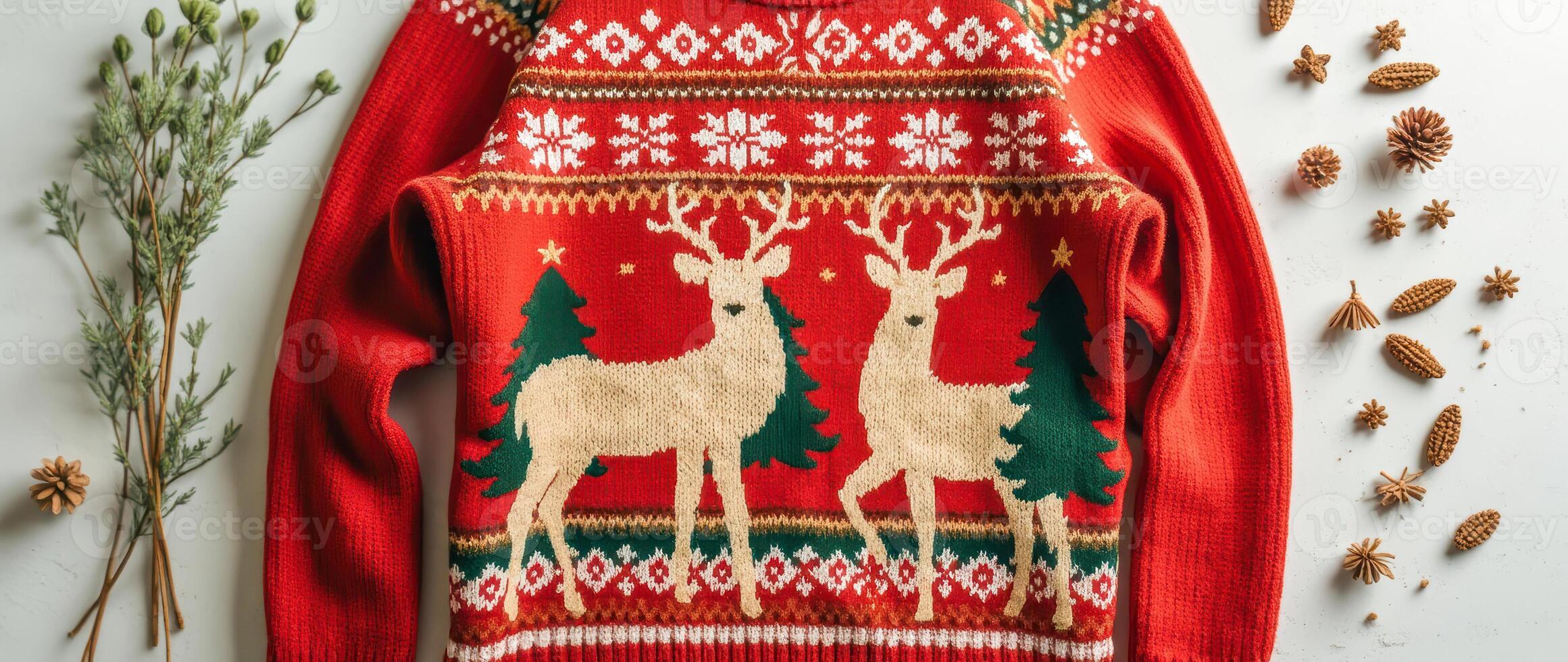 red woolen sweater with deers pine trees photo