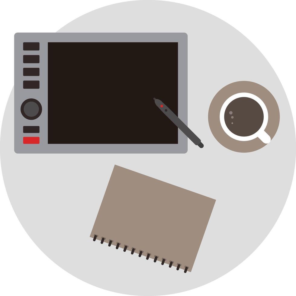 Digital plate, Coffee Cup And Notebook Flat Illustration vector