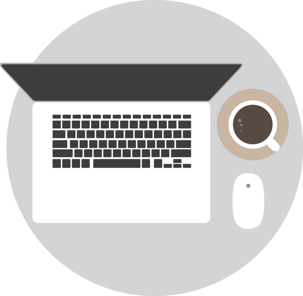 Laptop, coffee and mouse on the desk, top view, illustration vector