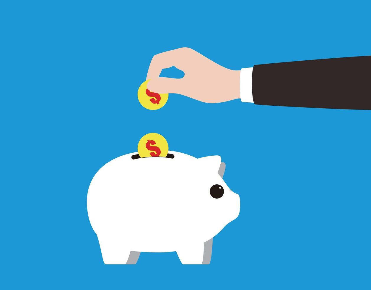 Businessman putting dollar coin into a piggy bank vector