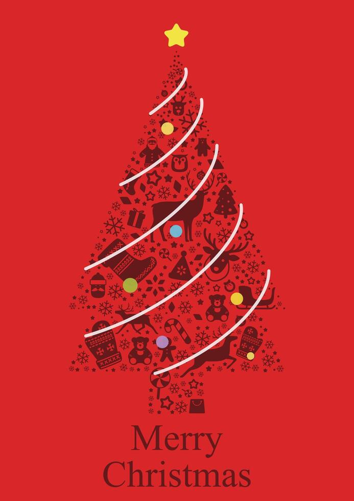 Christmas tree poster, greeting card design, flat icons vector