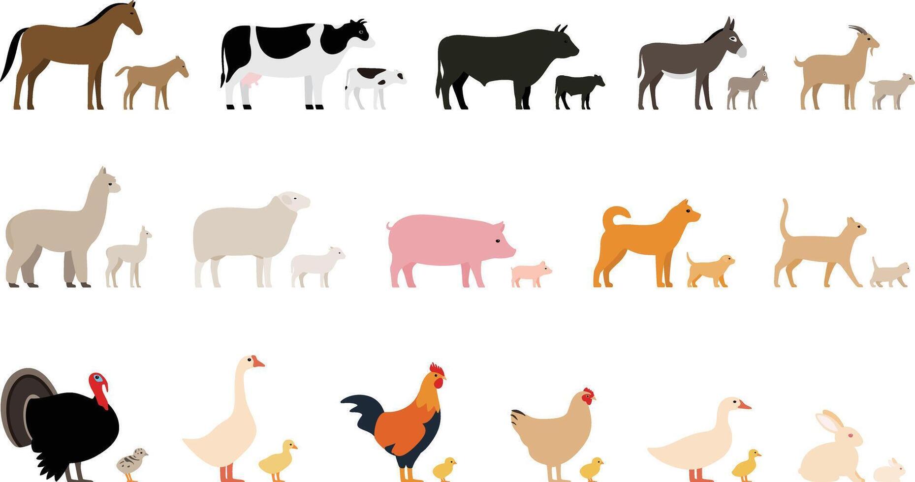 Livestock, Farm animals and their kids, black icons set, illustration vector