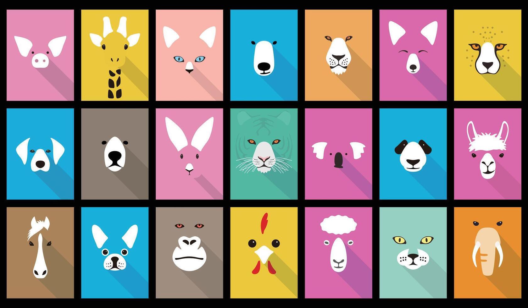 Animal cartoon faces, cute flat portrait icon, illustration vector