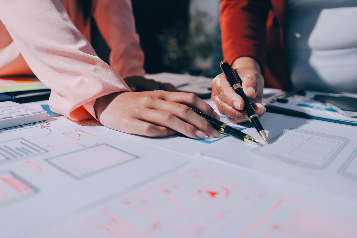 Young Asian business creative team work together, mobile application software design project. Brainstorm meeting, internet technology, smartphone web app designer, office coworker teamwork concept photo