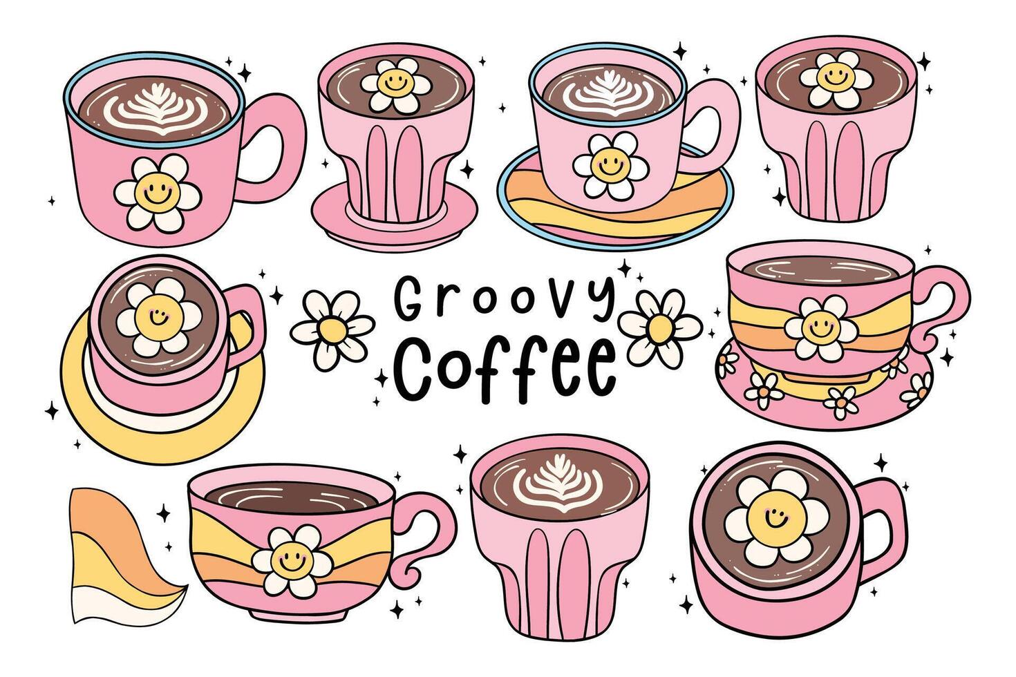 Group of Cute Groovy Retro Coffee in cup and mug Latte, Cappuchino Hot Drink Hand Drawn banner vector