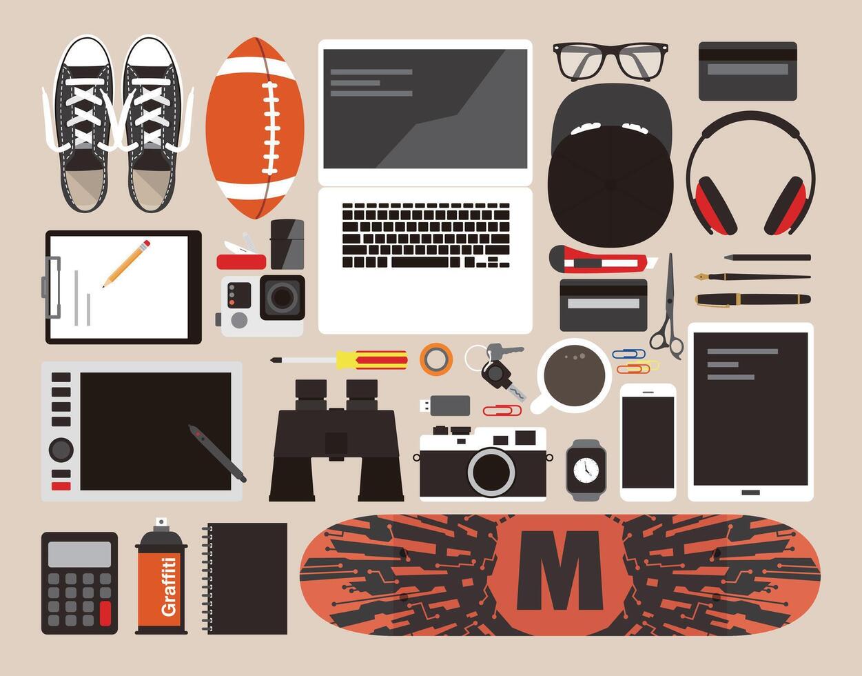 desk with computer and other things flat design, illustration vector