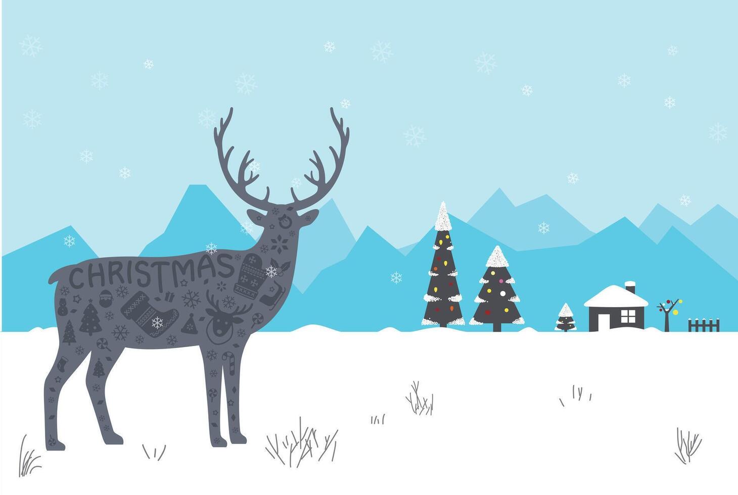 Reindeer, winter, Christmas with snow tree and house vector