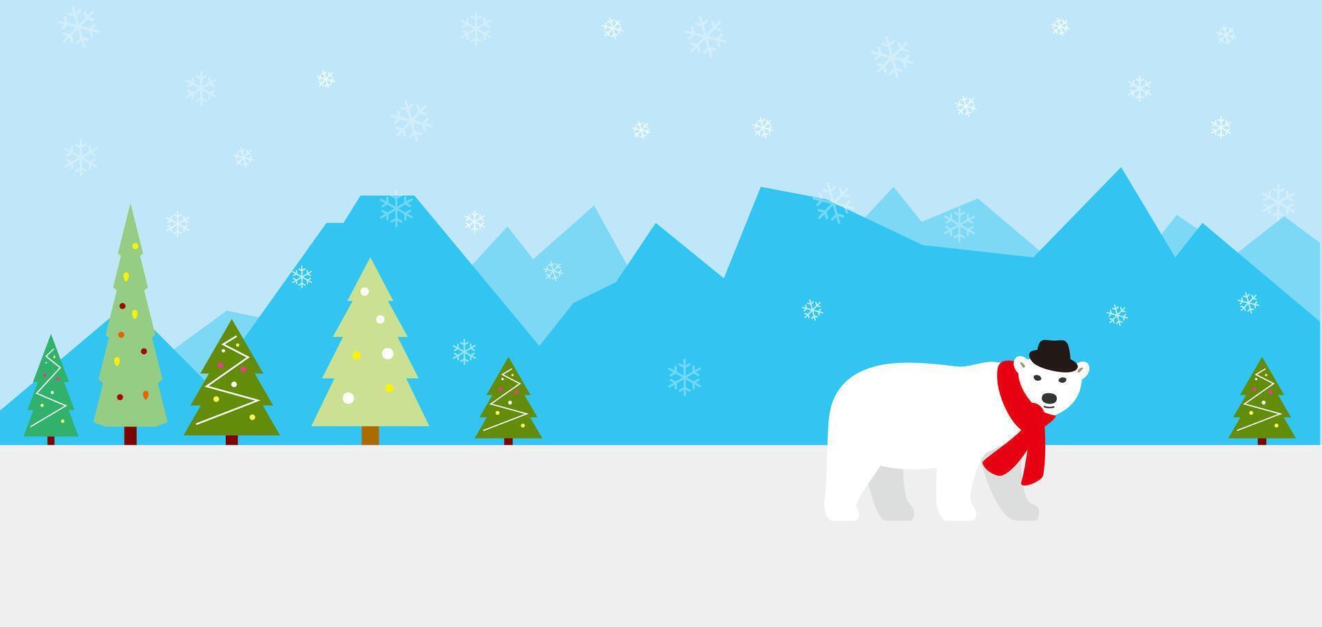 tree, ice mountain, bear wear a scarf and a hat vector