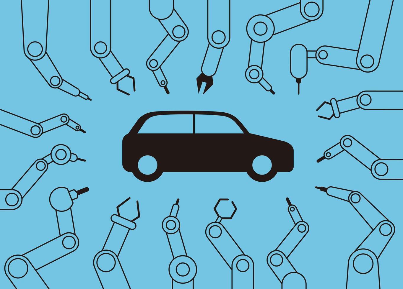 Robot machine arms get together focus on the car, Automatic factory, illustration vector