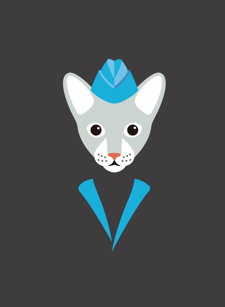 Portrait of cat, wearing hat, like flight attendant, cool style vector