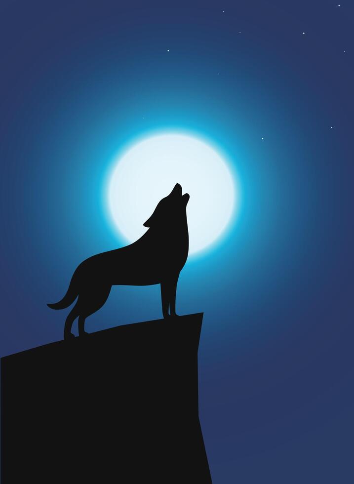 Wolf standing and roaring on the top of the cliff, Background is moon vector