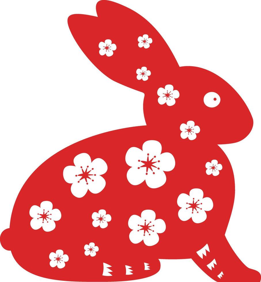 A red and white rabbit with flowers on its body is sitting on a branch vector