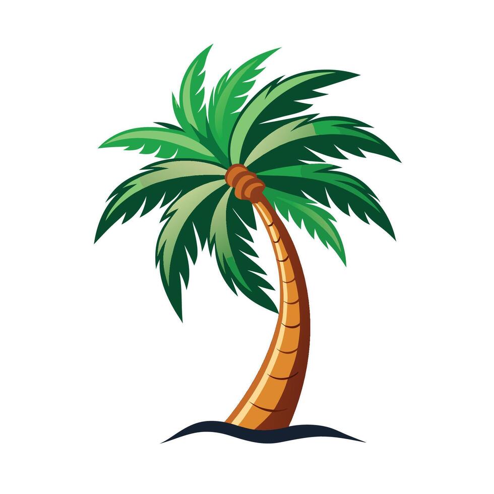 A cartoon illustration of a single palm tree with green fronds against a white background vector