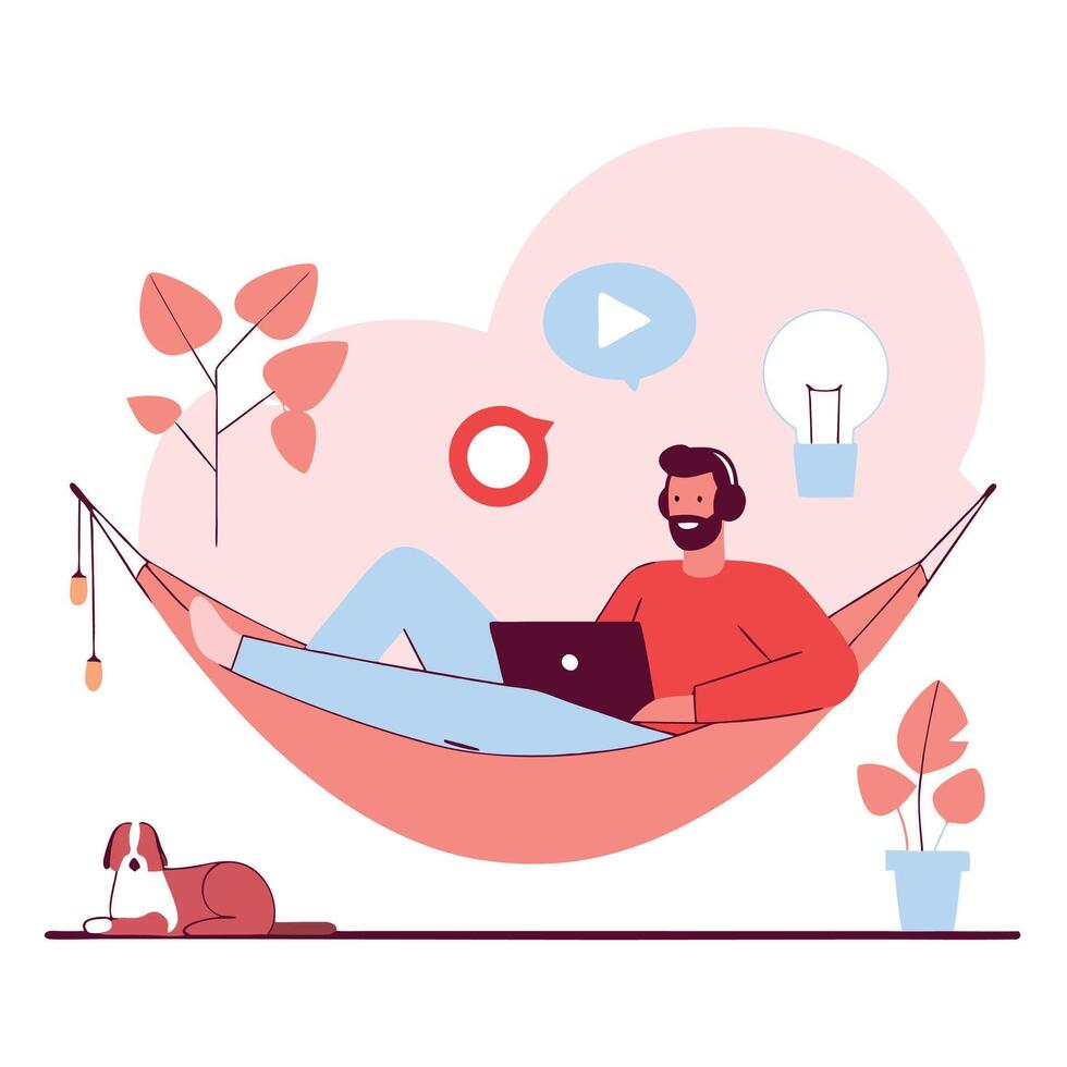 Work From Home Cartoon Man Hammock vector
