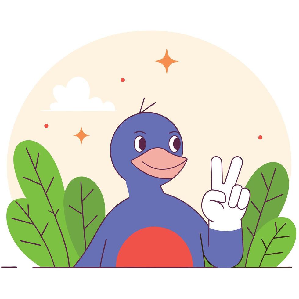 Smiling Blue Duck Peace Sign Cartoon vector