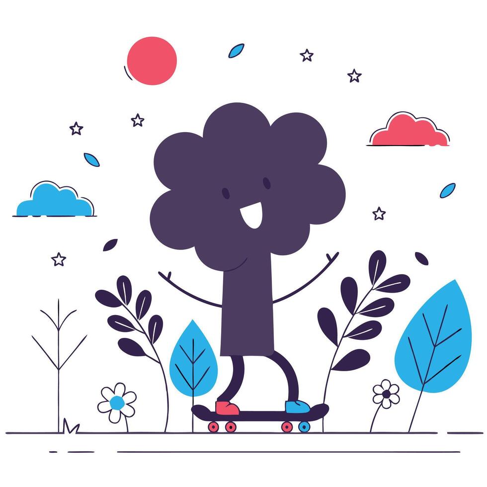 Retro Cartoon Tree Skateboarding Fun vector