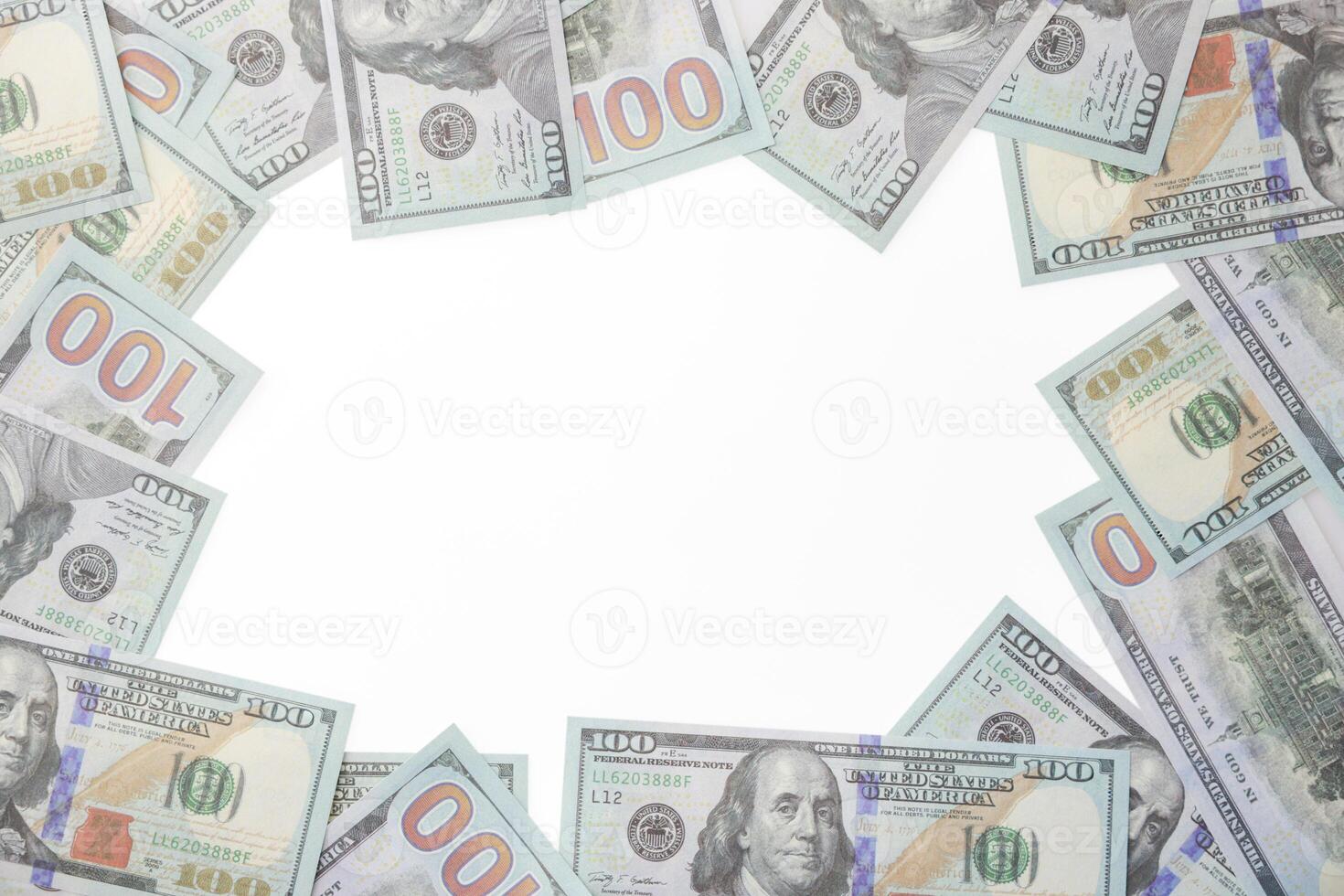 close up fiat money 100 usd banknotes on a white background. Pile of United States of America Finance. concepts of banking,cash, savings,fiat money concept,100 dollars. Money Mockup. photo