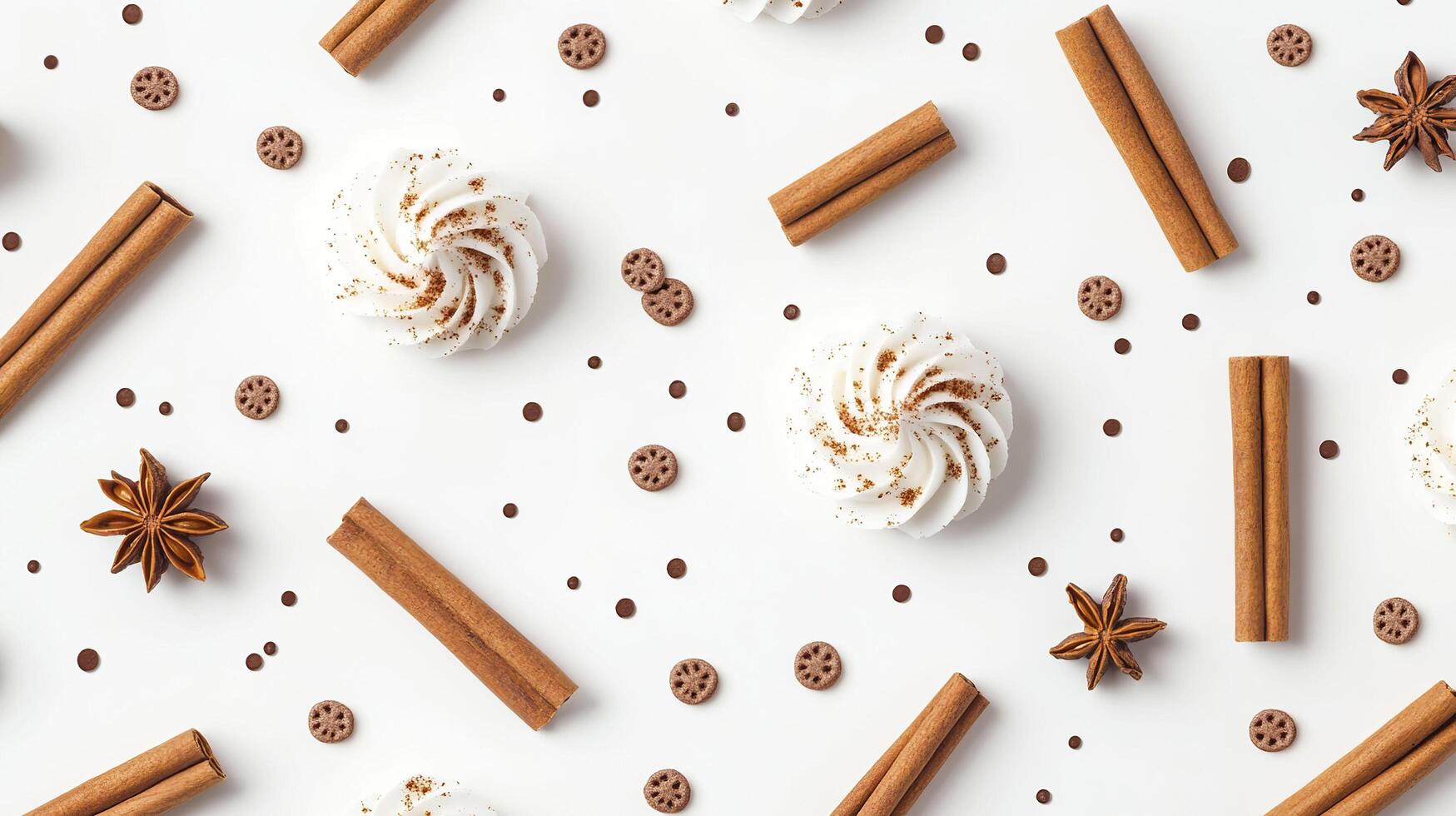 Meringues, cinnamon, star anise on white background. Flat lay, top view. photo
