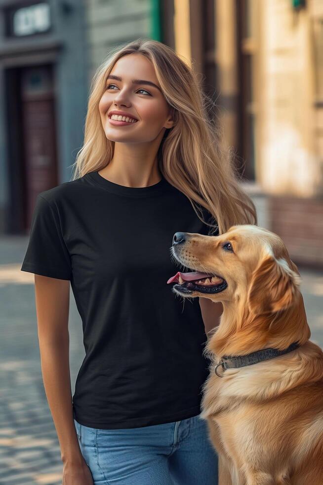 Beautiful blonde girl in black t-shirt with golden retriever dog. photo