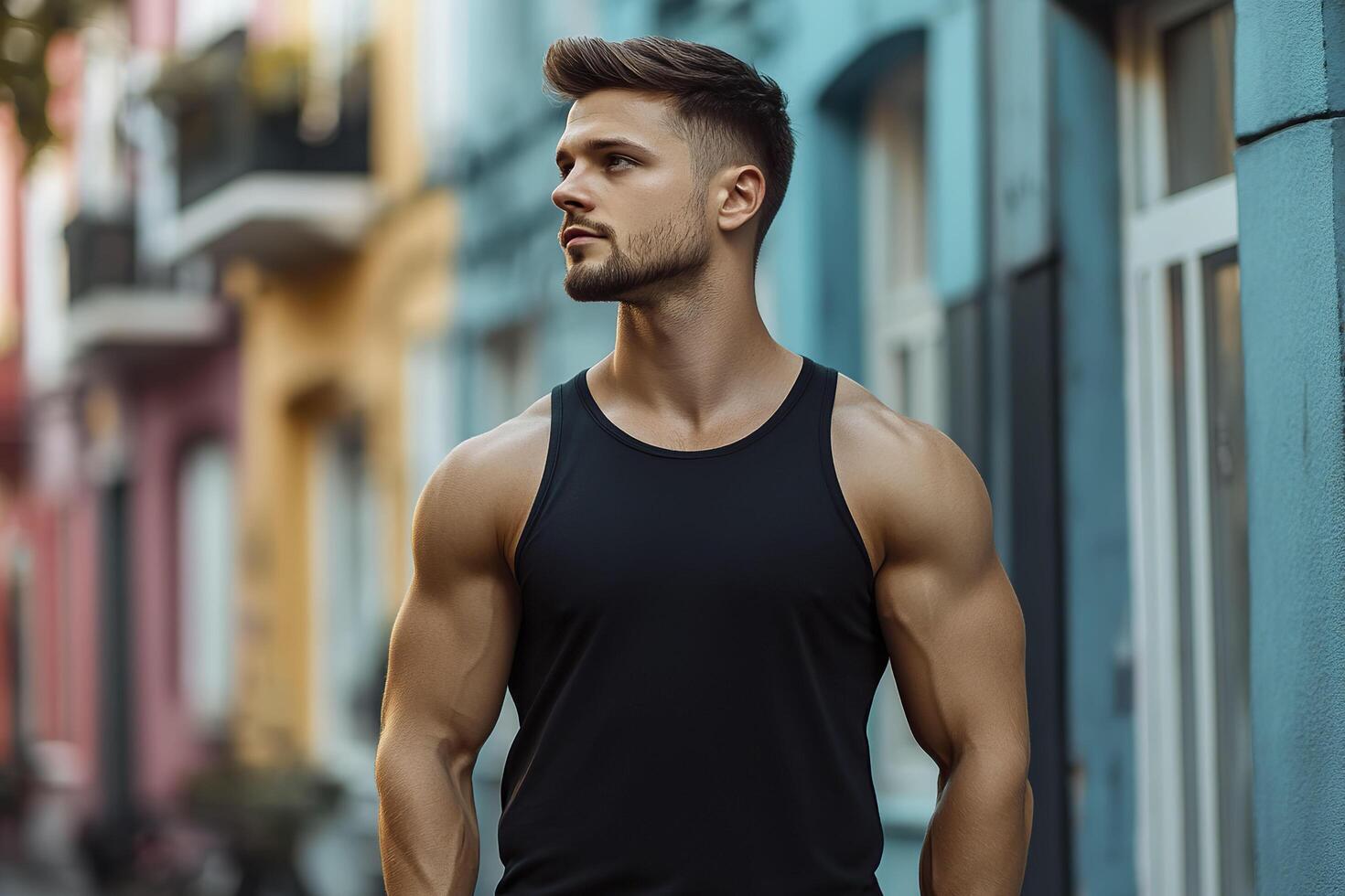 Man in black tanktop standing on a city street. Mock-up. photo