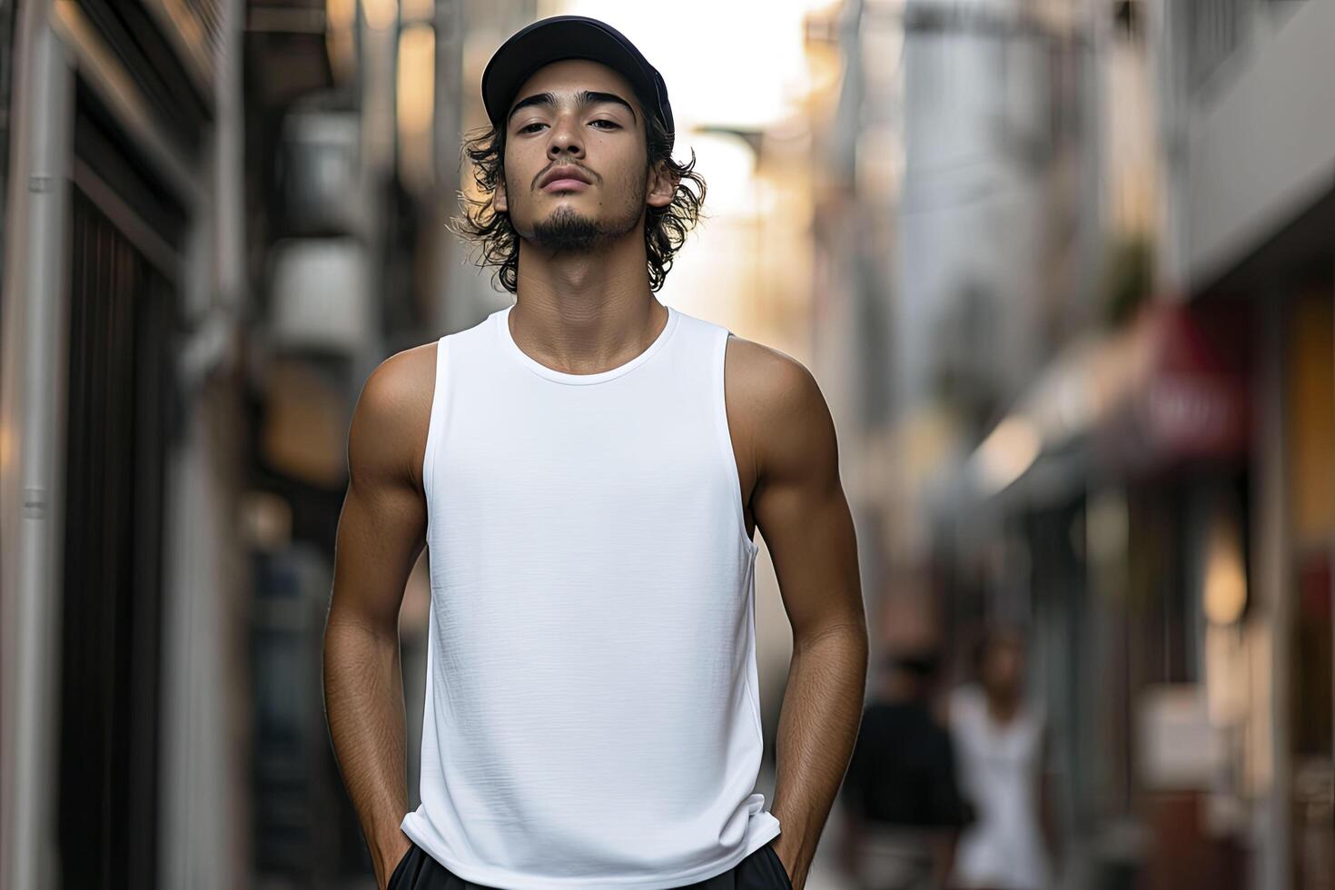 Man in white tanktop standing on a city street. Mock-up. photo