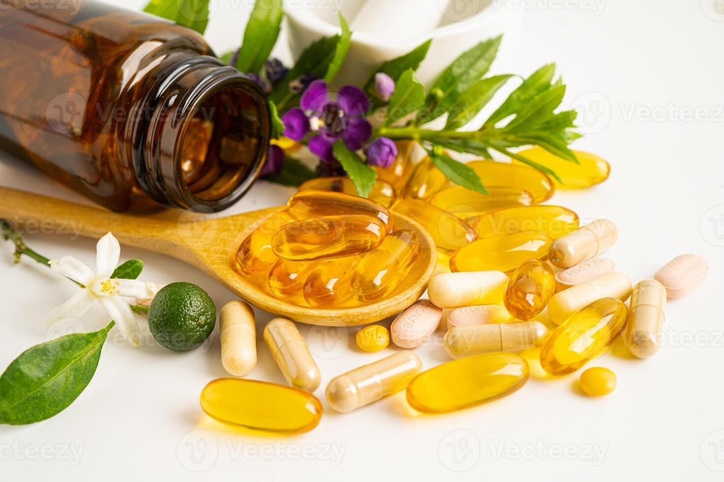 Alternative medicine herbal organic capsule with vitamin E omega 3 fish oil, mineral, drug with herbs leaf natural supplements for healthy good life. photo