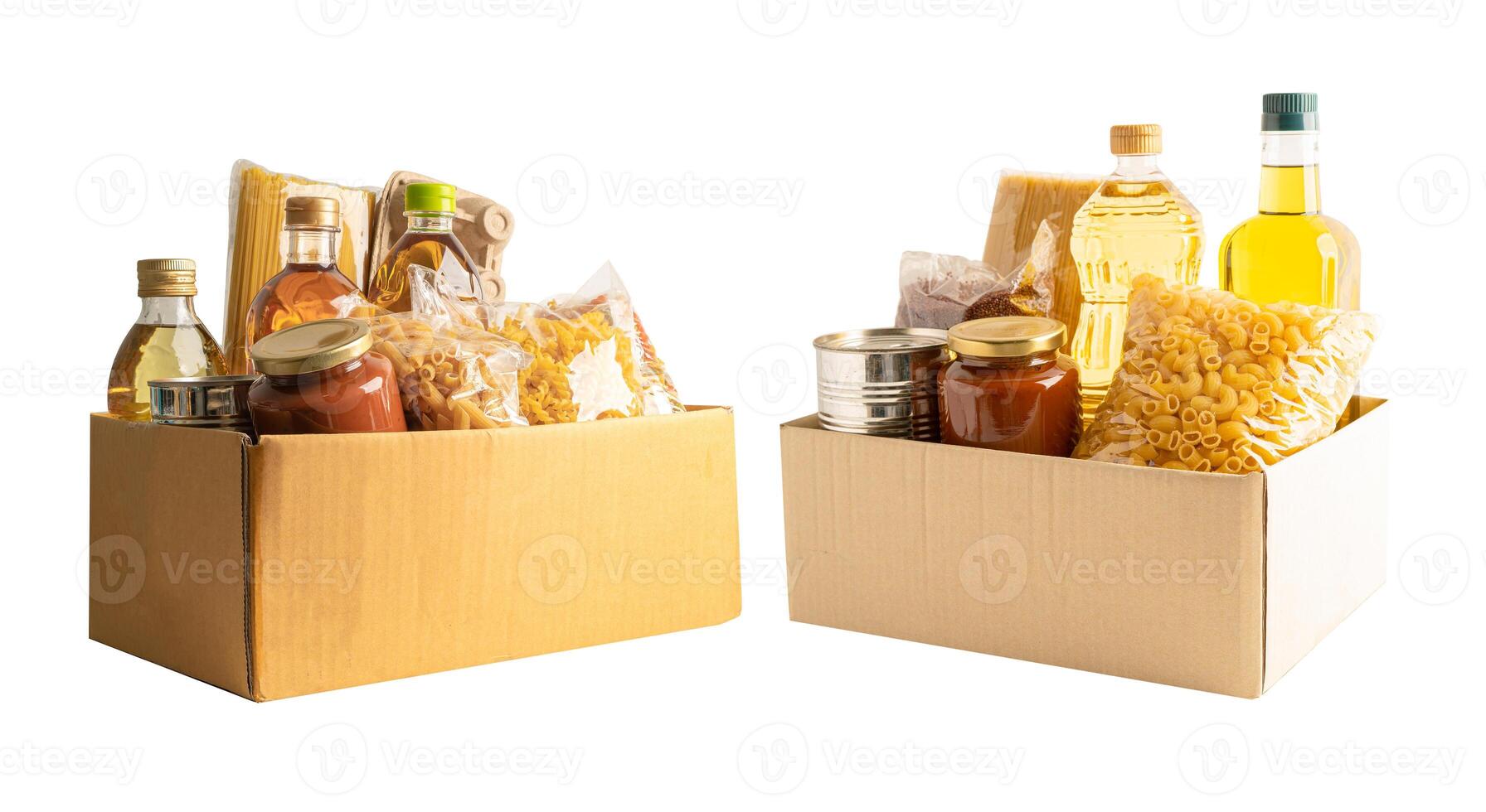 Foodstuff for donation, storage and delivery. Various food, pasta, cooking oil and canned food in cardboard box on white background. photo