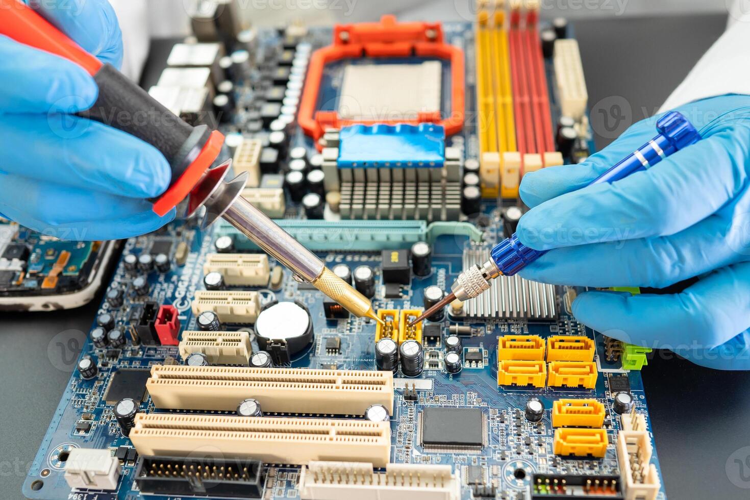 Repairing and upgrade Samsung mobile phone, electronic, computer hardware and technology concept. photo