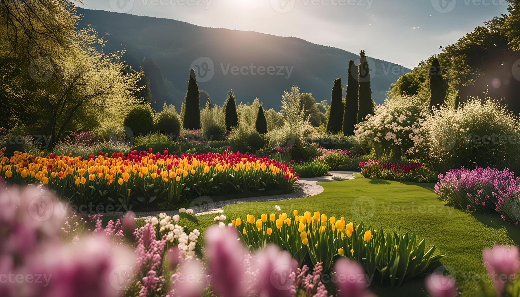 Springtime Garden Landscape with Blooming Tulips and Mountain Views photo