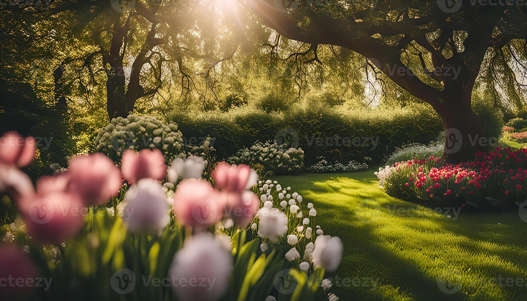 Sunlit Garden with Tulips photo