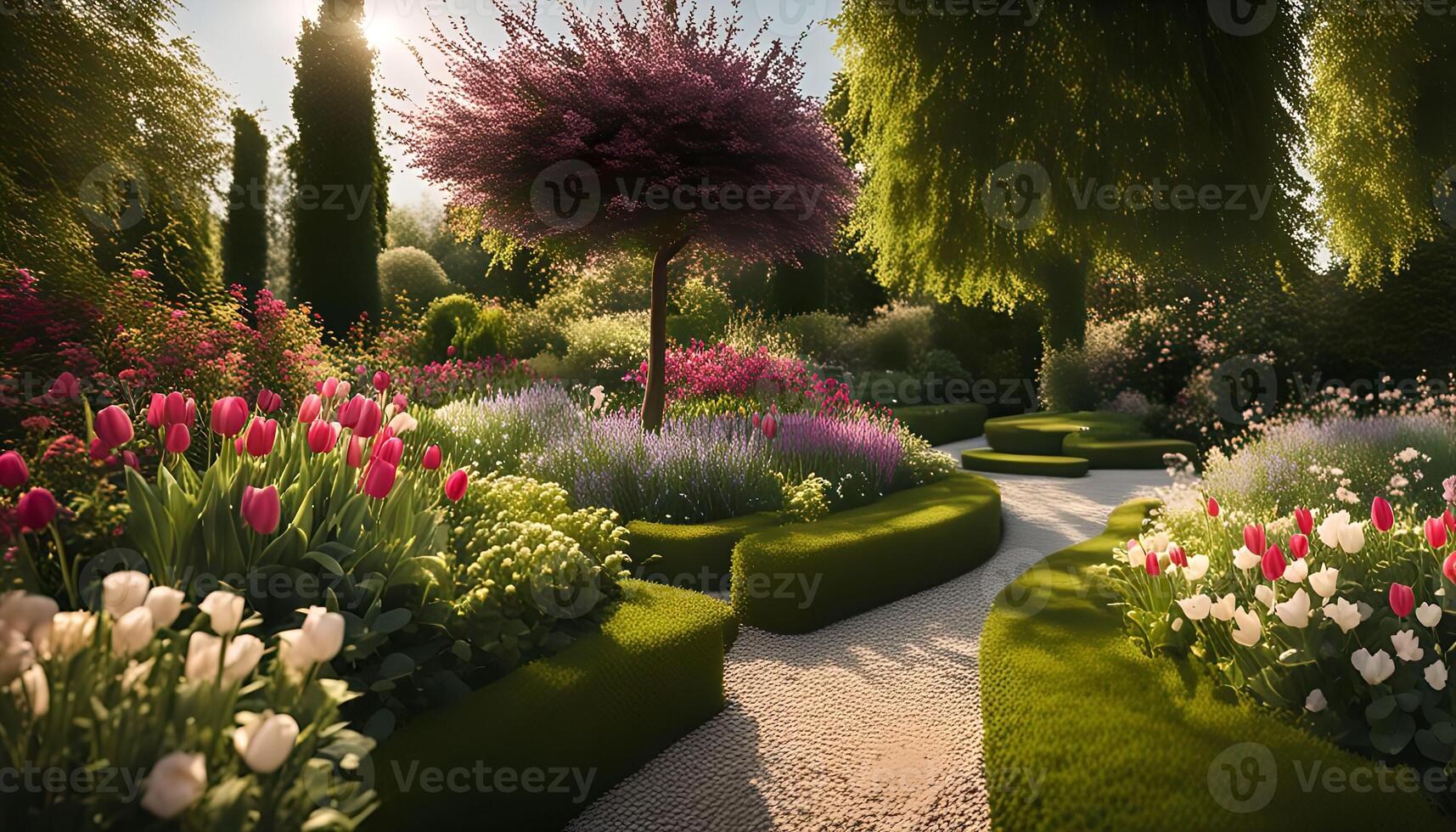 Beautiful Garden with Flowers and a Winding Path photo