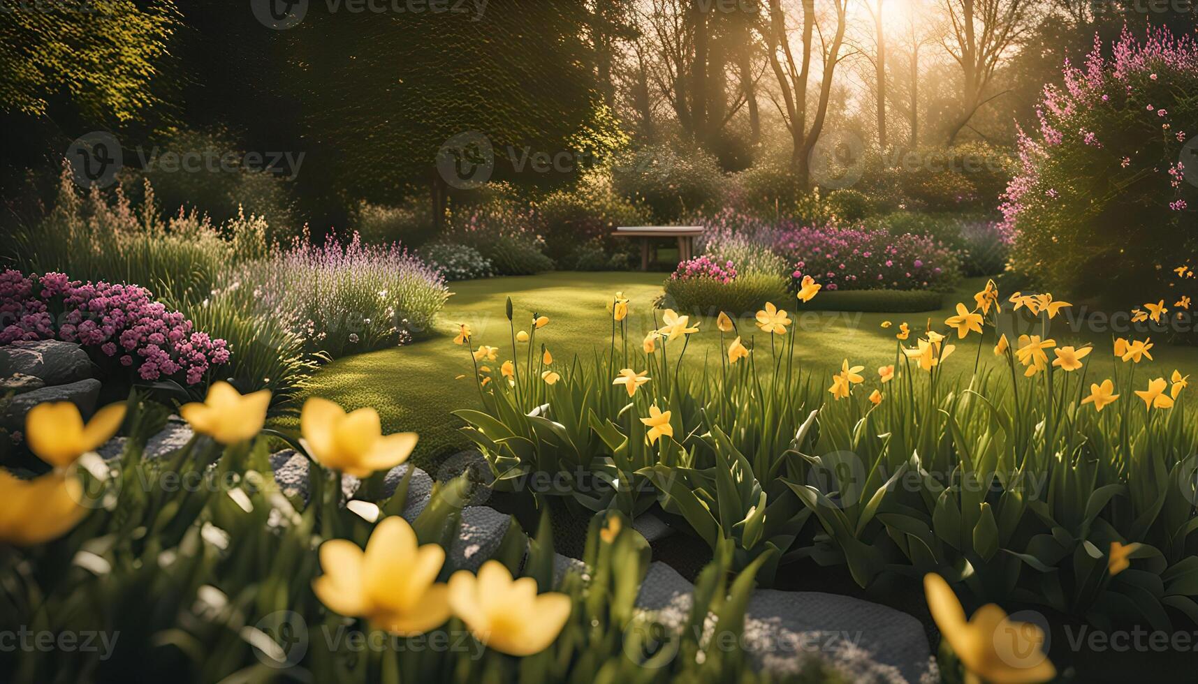 Golden Flowers in a Tranquil Garden photo